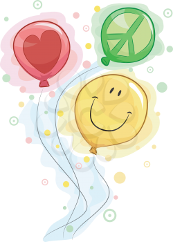 Royalty Free Clipart Image of Balloons Symbolizing Peace, Love and Happiness