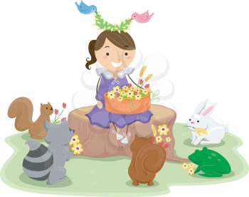 Royalty Free Clipart Image of a Little Girl Surrounded by Animals