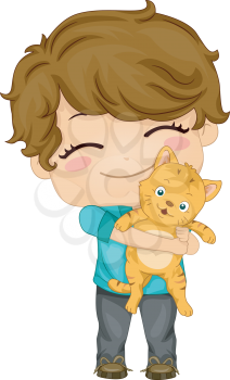 Royalty Free Clipart Image of a Little Boy Holding a Cat