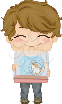 Royalty Free Clipart Image of a Boy With a Hamster in a Cage