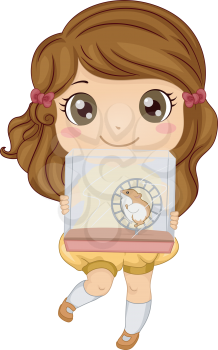 Royalty Free Clipart Image of a Girl With a Hamster in a Cage