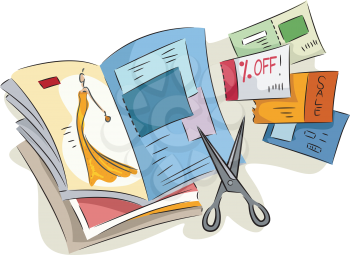 Royalty Free Clipart Image of Discount Coupons in a Magazine