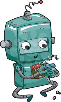 Royalty Free Clipart Image of a Robot Repairing Itself