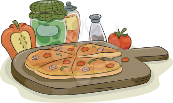Illustration of Pizza in Wooden Pan with Spices and Toppings