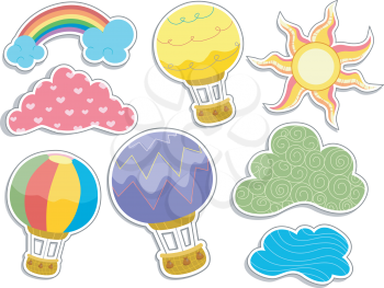 Illustration of Hot Air Balloons and Clouds Sticker Designs