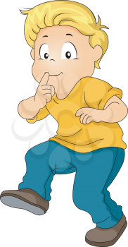 Illustration of a Little Kid Boy Tiptoeing with his Pointing Finger on Lips indicating Silence