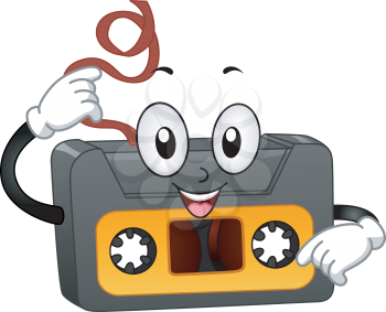 Illustration of a Retro Cassette Tape Mascot Pulling Its Tape