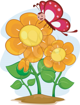 Illustration of a Happy Butterfly Mascot with Flowers