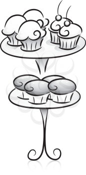 Illustration of Cupcakes on Cupcake Stand in Black and White