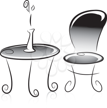 Illustration of Flower Vase, Table and Chair in Black and White