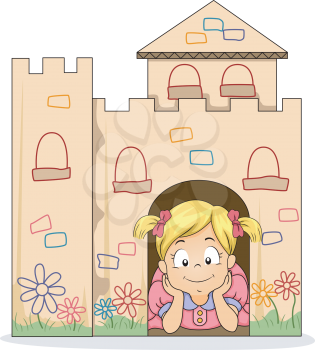 Illustration of Little Kid Girl Peeking from a Cardboard Castle
