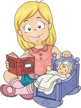 Illustration of Little Kid Girl Playing with Baby Doll while Reading a Book