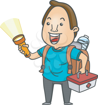 Illustration of a Man Holding a Flashlight, Emergency Kit, and Other Emergency Supplies