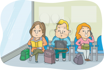 Illustration of Passengers Keeping Themselves Busy While Sitting at the Waiting Area of an Airport