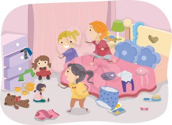 Illustration of Girls Playing in a Typical Girl's Room