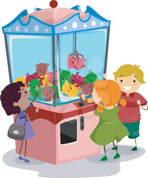 Stickman Illustration Featuring Kids Playing with a Claw Machine