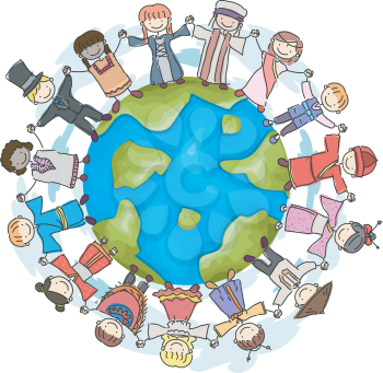 Doodle Illustration Featuring Kids Wearing National Costumes Encircling a Globe