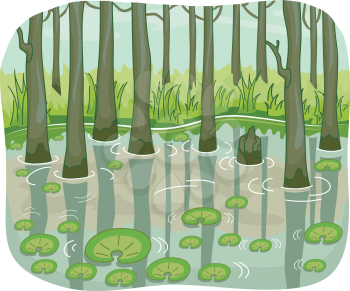 Illustration of a Swamp with Lotus Leaves Floating Around