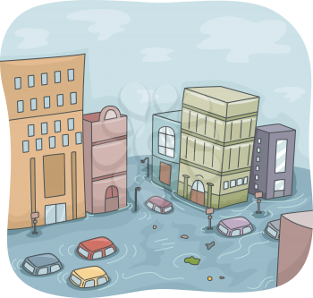 Illustration of a Flooded City with Cars Floating Around