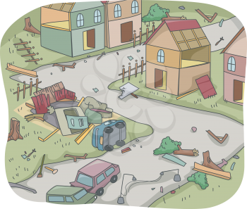 Illustration of Upturned Houses and Vehicles Depicting the Aftermath of a Disaster