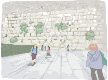 Illustration Featuring Tourists Roaming Around the Wailing Wall in Israel
