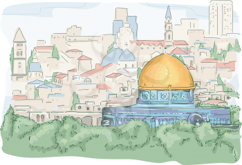 Illustration Featuring a Panoramic View of the Dome of the Rock in Jerusalem