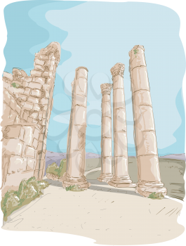 Illustration Featuring the Jerash Pillar Ruins in Jordan