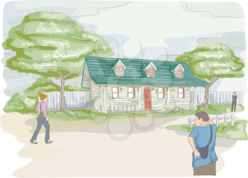 Watercolor Illustration of a Bungalow with Some People Walking by in the Background