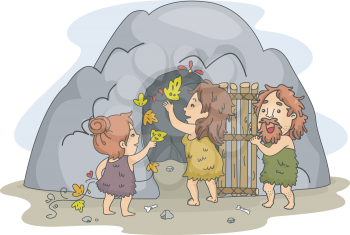 Illustration of a Caveman Family Decorating the Cave That Serves as Their Home