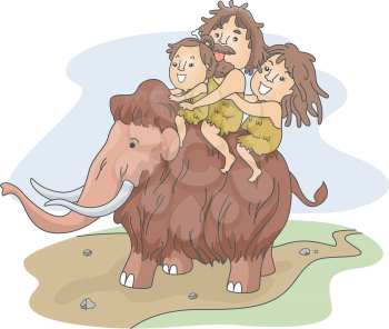 Illustration of a Caveman Family Riding a Wooly Mammoth