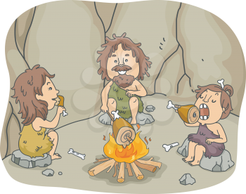 Illustration of a Caveman Family Eating Chunks of Meat Together in Front of a Bonfire