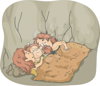 Illustration of a Caveman Family Sleeping Together Under a Wooly Blanket