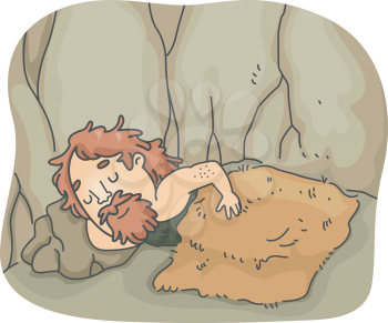 Illustration of a Caveman Soundly Sleeping Under a Wooly Blanket