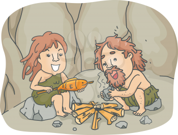 Illustration of a Caveman Couple Trying to Cook Their Food by Starting a Fire with Two Pieces of Stones
