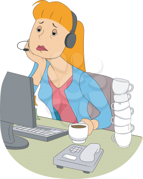 Illustration of a Bored and Sleepy Girl Sitting in Front of a Computer