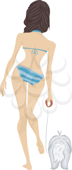 Back View Illustration of a Girl Wearing a String Bikini Walking Her Dog