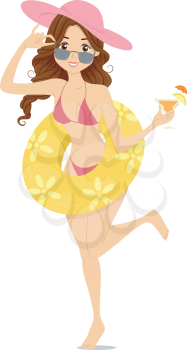 Illustration of a Girl With a Lifebuoy on Her Waist Getting Enjoying a Beach Party