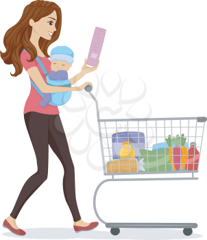 Illustration of a Woman Doing Some Grocery Shopping While Carrying a Baby