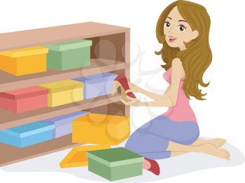 Illustration of a Woman Arranging Boxes of Shoes on a Wooden Shelf
