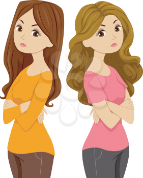 Illustration of Two Females Standing Back to Back and Giving Each Other the Silent Treatment