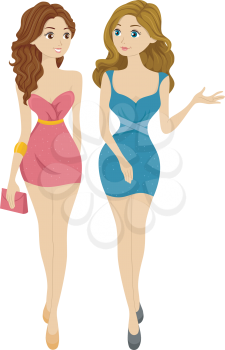 Illustration of Formally-Dressed Teenage Girls Walking Side by Side