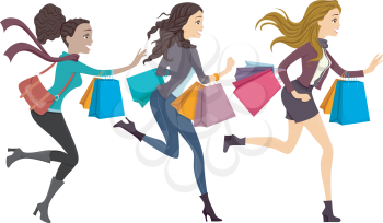 Illustration of Girls Carrying Shopping Bags Running to the Right Side of the Drawing