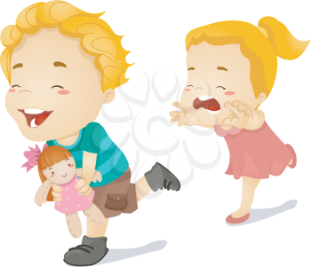 Illustration of a Little Girl Chasing Her Older Brother Who Ran Away with Her Doll