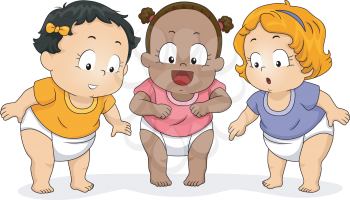 Illustration of a Group of Baby Girls in Diapers Looking Downwards