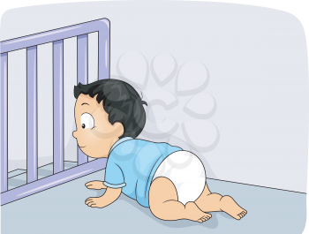 Illustration of a Baby Boy Being Prevented by a Baby Gate from Falling Down the Stairs