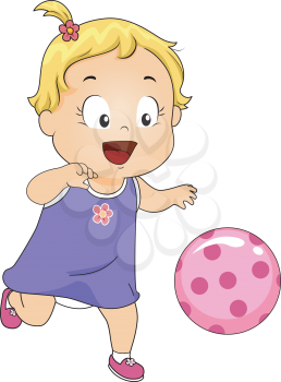 Illustration of a Baby Girl Happily Playing with a Pink Ball