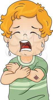 Illustration of a Boy Crying Out Loud Because of an Abrasive Wound on His Arm