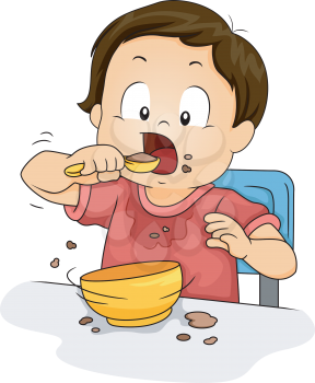 Illustration of a Young Boy Making a Mess While Eating His Food