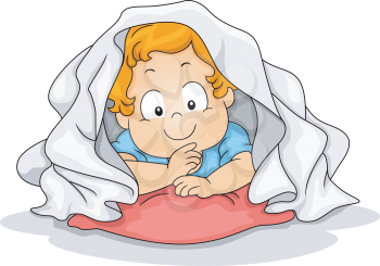 Illustration of a Young Boy Crouched Inside a Blanket