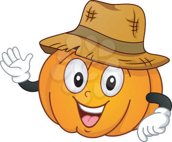 Mascot Illustration of a Pumpkin Wearing a Straw Heat Waving His Hand